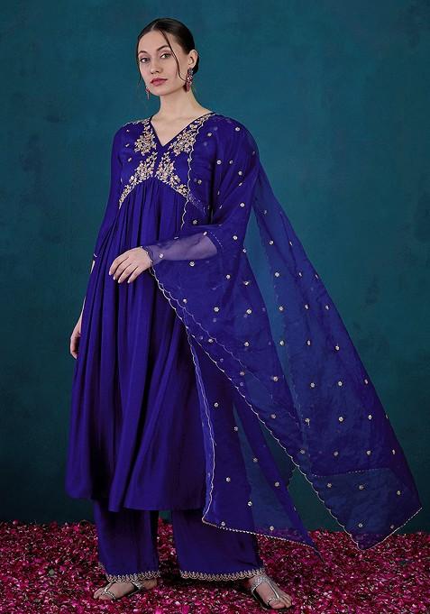 Royal Blue Zari Sequin Embroidered Vichitra Kurta Set