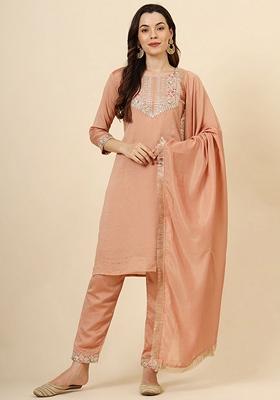 Peach Embroidered Art Silk Kurta Set
