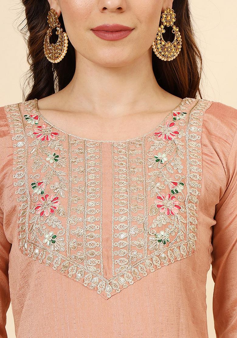 Peach Embroidered Art Silk Kurta Set