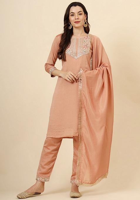 Peach Embroidered Art Silk Kurta Set