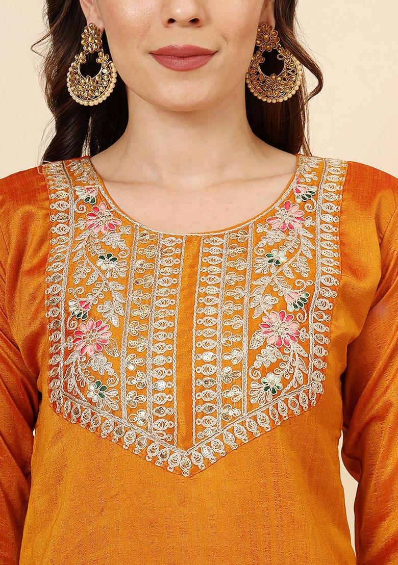 Mustard Embroidered Art Silk Kurta Set - Indya