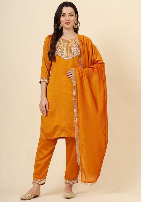 Mustard Embroidered Art Silk Kurta Set