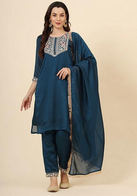 Teal Blue Embroidered Art Silk Kurta Set