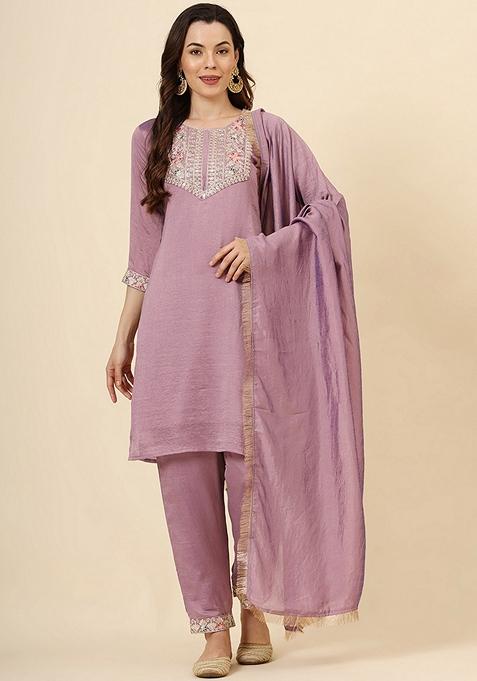 Purple Embroidered Art Silk Kurta Set