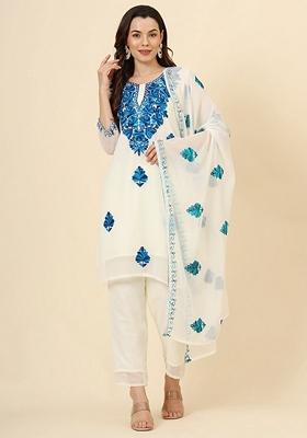 Blue Embroidered Georgette Kurta Set