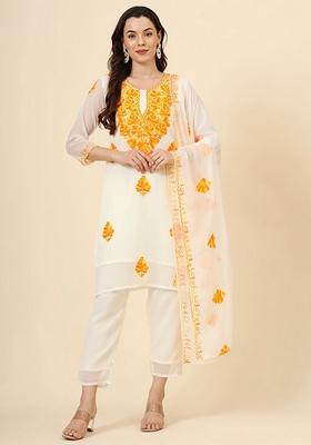 Yellow Embroidered Georgette Kurta Set
