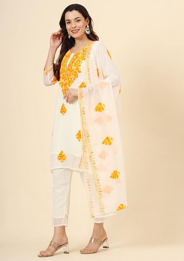 Yellow Embroidered Georgette Kurta Set