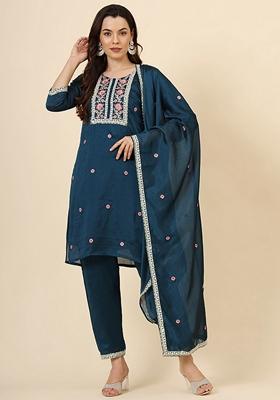 Teal Blue Embroidered Art Silk Kurta Set