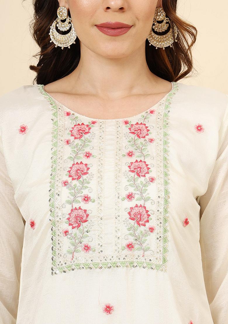 Off White Embroidered Art Silk Kurta Set - Indya