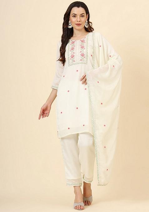 Off White Embroidered Art Silk Kurta Set