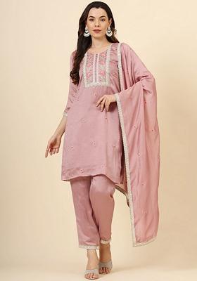 Pink Embroidered Art Silk Kurta Set