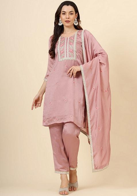 Pink Embroidered Art Silk Kurta Set