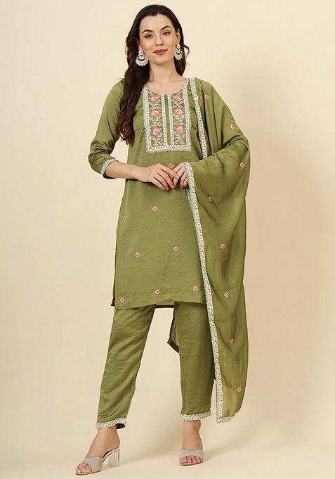 Green Embroidered Art Silk Kurta Set