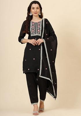 Black Embroidered Art Silk Kurta Set