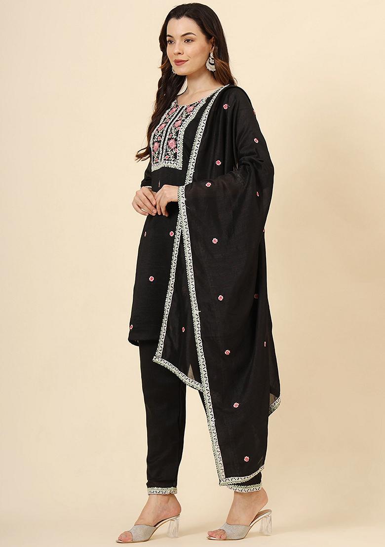 Black Embroidered Art Silk Kurta Set - Indya