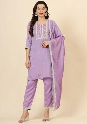 Purple Embroidered Art Silk Kurta Set