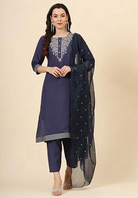 Navy Blue Embroidered Silk Blend Kurta Set
