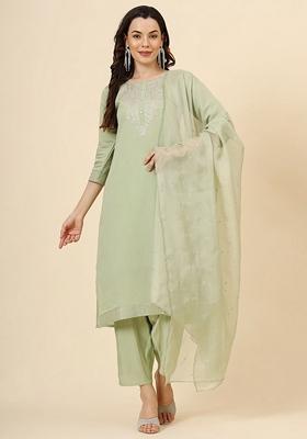 Green Embroidered Silk Blend Kurta Set