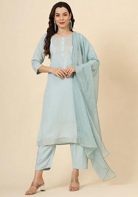 Blue Embroidered Silk Blend Kurta Set