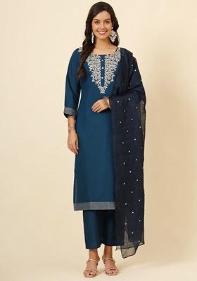 Teal Blue Embroidered Silk Blend Kurta Set