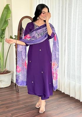 Violet Embroidered Viscose Kurta Set