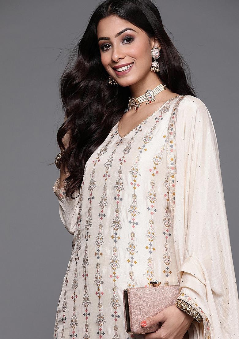 Off White Embroidered Viscose Kurta Set