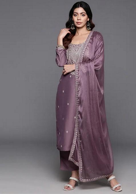 Mauve Embroidered Viscose Kurta Set