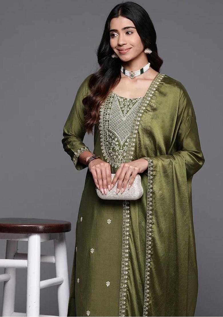 Green Embroidered Viscose Kurta Set