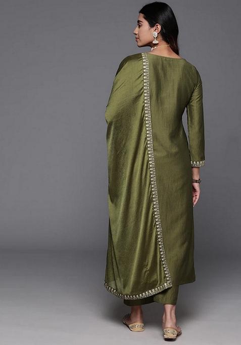 Green Embroidered Viscose Kurta Set