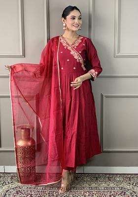 Maroon Embroidered Viscose Kurta Set