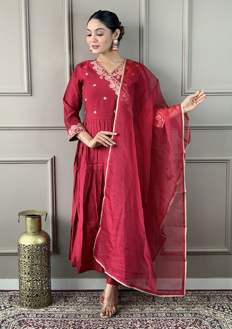 Maroon Embroidered Viscose Kurta Set