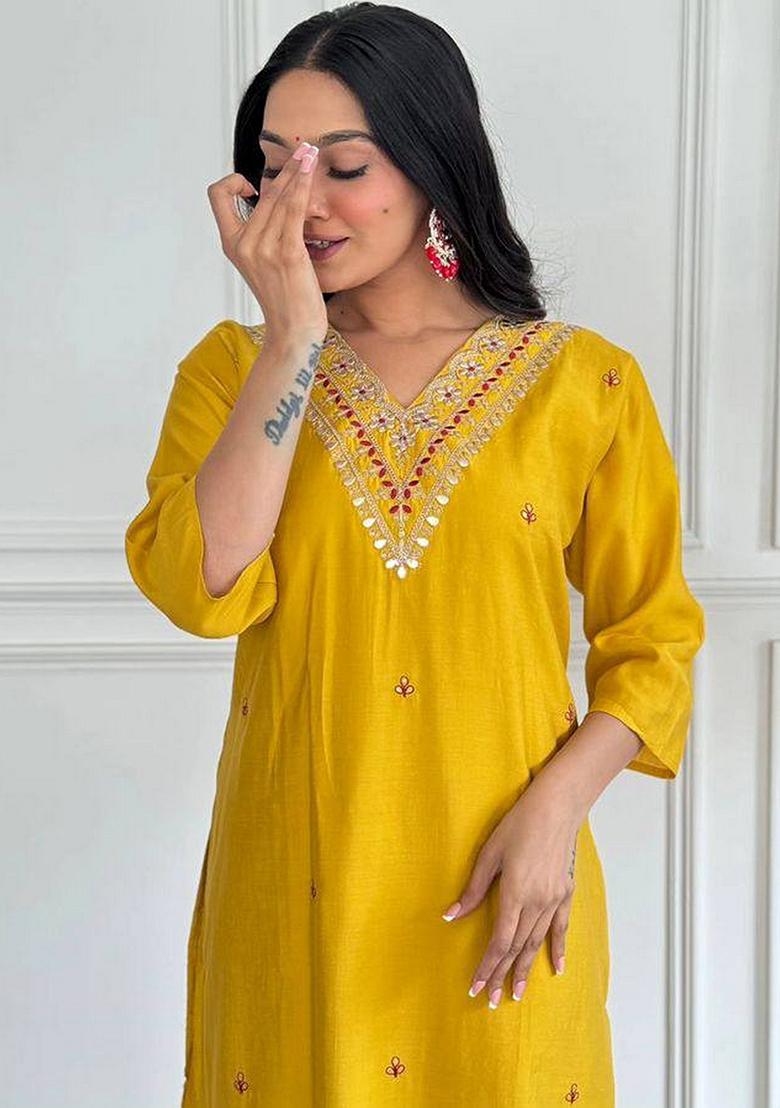 Yellow Embroidered Viscose Kurta Set