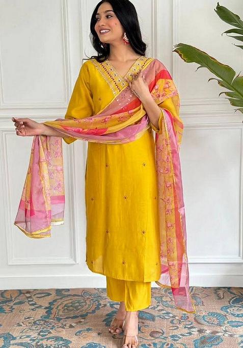 Yellow Embroidered Viscose Kurta Set