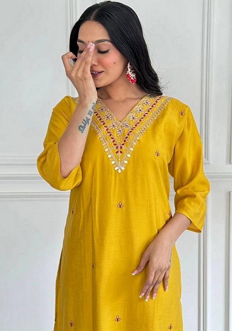 Yellow Embroidered Viscose Kurta Set