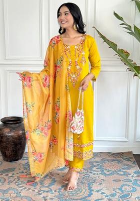 Yellow Embroidered Viscose Kurta Set