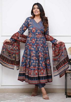 Blue Embroidered Cotton Kurta Set