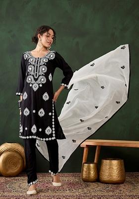 Black Embroidered Rayon Kurta Set