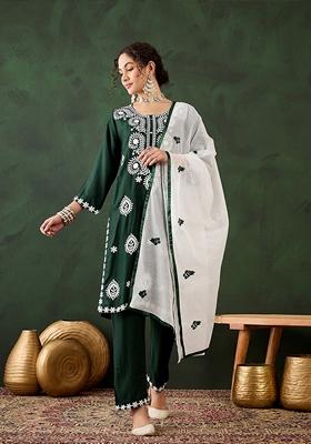 Green Embroidered Rayon Kurta Set