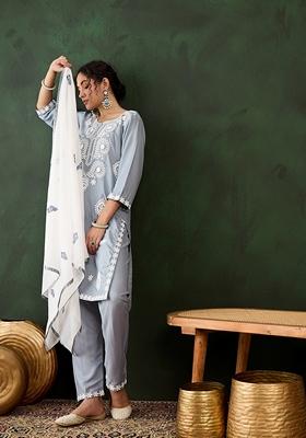 Grey Embroidered Rayon Kurta Set
