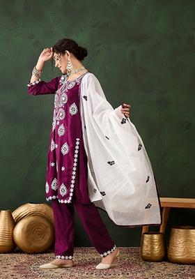 Magenta Embroidered Rayon Kurta Set