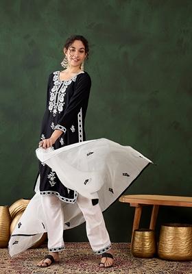 Black Embroidered Rayon Kurta Set