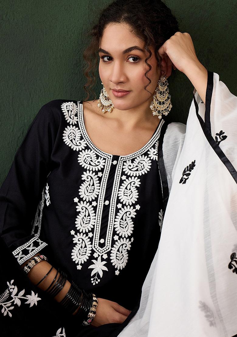 Black Embroidered Rayon Kurta Set