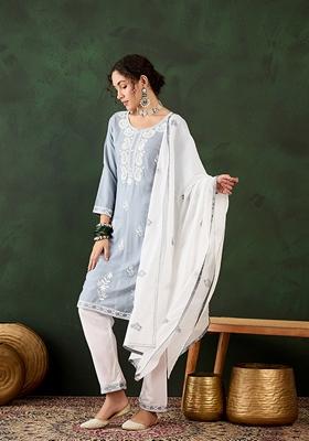 Grey Embroidered Rayon Kurta Set