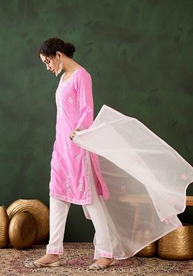 Pink Embroidered Rayon Kurta Set
