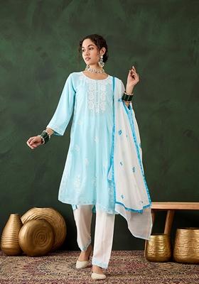Sky Blue Embroidered Rayon Kurta Set