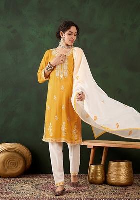Yellow Embroidered Rayon Kurta Set