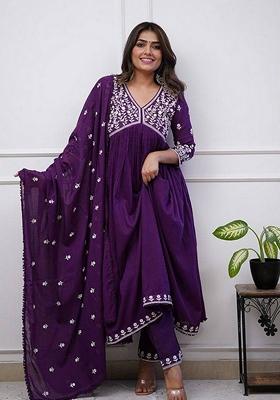 Purple Embroidered Art Silk Kurta Set