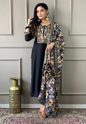 Black Embroidered Viscose Kurta Set