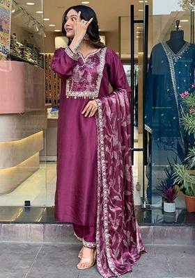 Wine Embroidered Viscose Kurta Set