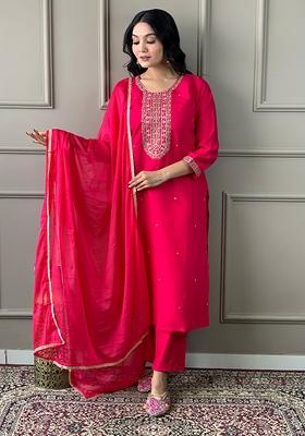 Pink Embroidered Viscose Kurta Set